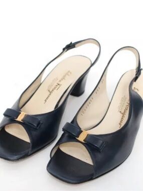 Salvatore Ferragamo Navy Leather Peep-Toe Slingback Heels with Bow UNWORN